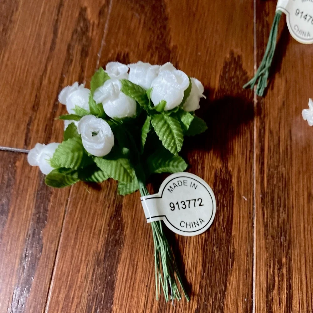 Wedding Set of 9 items artificial flowers and ribbon white silver green
